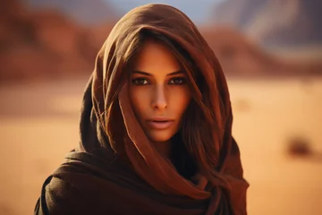 Photo sur Plexiglas Dubai Portrait of beautiful young woman model walking on sand dunes crest in the desert