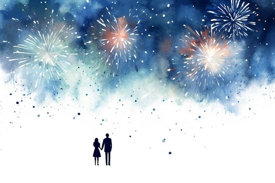 Silhouette of a man and woman holding hands watching fireworks on a romantic date, minimalist holiday celebration watercolor painting (New Year's Eve, Christmas, Fourth of July/Independence Day)