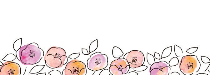 椿の花フレーム。年賀状に使える椿の和風素材。シンプルな椿の線画イラスト。Camellia flower frame. Japanese-style camellia material for New Year's cards. Simple line drawing of camellia.