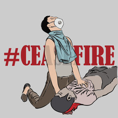 Ceasefire poster image for solidarity. A man mourns the death of his brother.