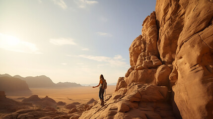 Woman mountain hiker crossing rocky terrain in the desert at sunny day, young female stands on top of rocky terrain in desert