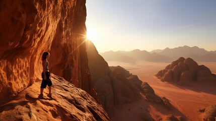 Woman mountain hiker crossing rocky terrain in the desert at sunny day, young female stands on top of rocky terrain in desert
