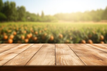 The empty wooden brown table top with blur background of farm. Exuberant image. generative AI