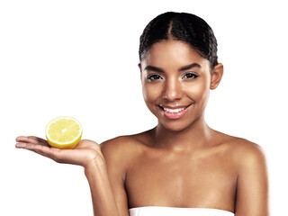 Lemon, happy black woman and skincare, portrait and healthy nutrition, organic diet and beauty benefits. Face, natural fruit cosmetics and food, wellness and vitamin c on a transparent png background