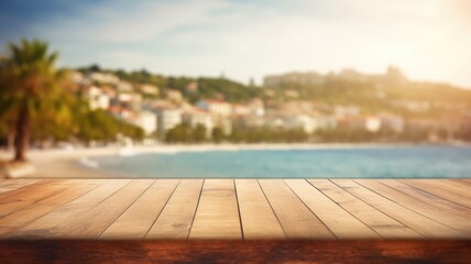 The empty wooden brown table top with blur background of seaside resort. Exuberant image. generative AI - obrazy, fototapety, plakaty