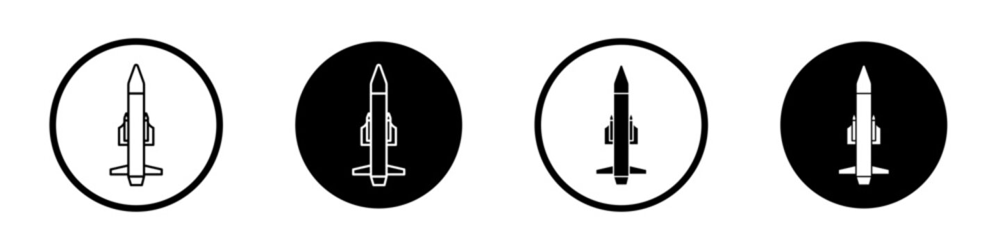 Missile vector symbol set. Nuclear ballistic missile vector icon in black filled and outlined style.