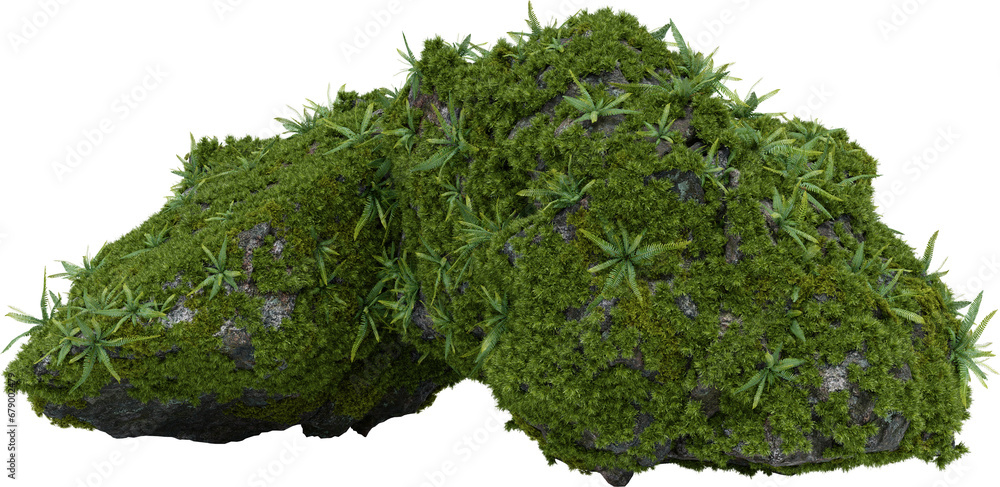 Aufkleber moss plants on stone. 3d rendering of isolated objects.