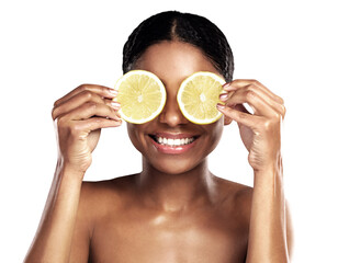 Lemon, face and skincare of happy black woman with healthy nutrition, organic diet or beauty. Person, natural fruit cosmetics and food, wellness benefits or vitamin c on a transparent png background