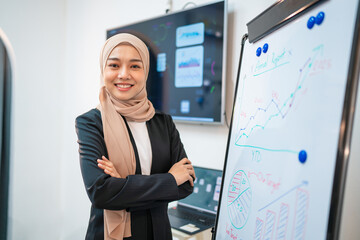 Successful asian businesswoman working and looking camera in a meeting room.	
