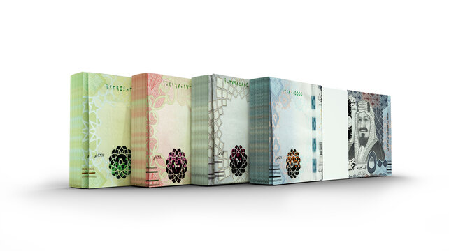 3d rendering of Stacks of Saudi Riyal notes in various denominations. bundles of currency notes isolated on transparent background