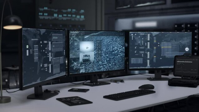 Future Spy Agency Connects To Phantom Satellite Tracking Position. Discovering Position Of Criminals With Future Phantom Detection Radar. Scanning City For Target Position. Future Phantom Surveillance