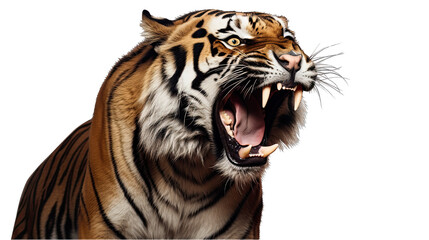 Fototapeta premium Angry Tiger Side View of Face Isolated on Transparent or White Background, PNG
