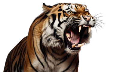 Angry Tiger Side View of Face Isolated on Transparent or White Background, PNG