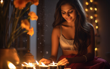 Beautiful Indian woman decorating home for Diwali celebration