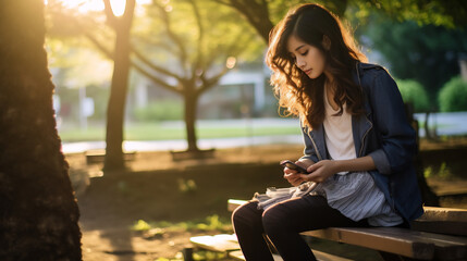 Young Asian woman sitting on bench in in city park enjoying nature - obrazy, fototapety, plakaty