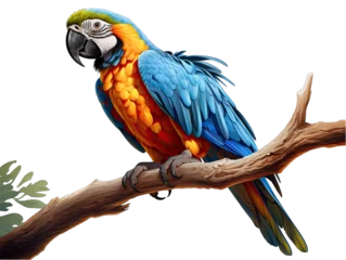 Raamstickers Macaw Parrot on a Branch Isolated on Transparent or White Background, PNG © Custom Media