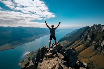 Man with arms up celebrating on top of the mountains - Hiker enjoying freedom on a hill - Freedom, sport, success and mental health concept - obrazy, fototapety, plakaty
