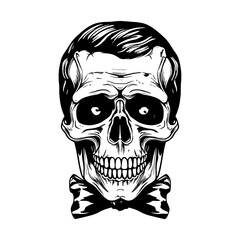 Monochrome illustration of skull with beard, mustache, hipster haircut and glasses with transparent lenses. Isolated on white background