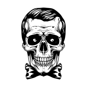 Monochrome illustration of skull with beard, mustache, hipster haircut and glasses with transparent lenses. Isolated on white background