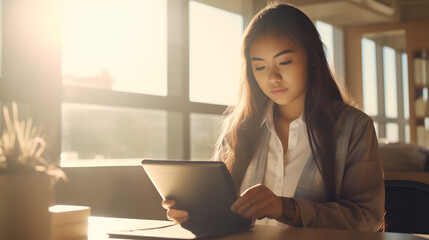 Fototapeta na wymiar Young female student using digital tablet computer in classroom