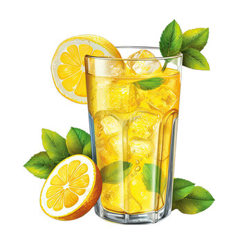 Iced Lemonade with Lemon Slice Isolated on Transparent or White Background, PNG