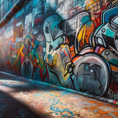 A photograph of colorful, graffiti-covered urban wall