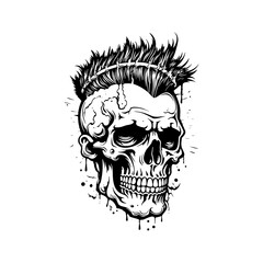 Monochrome illustration of skull with beard, mustache, hipster haircut and glasses with transparent lenses. Isolated on white background