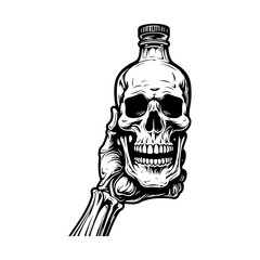 bottle of poison,Skeleton with beer glass with splashes foam for bar emblem or drink print. Brewery logo design with skull, mugs and skeleton hands for craft shop or screen printing.