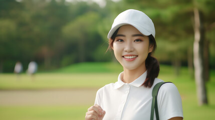 Fototapeta na wymiar Portrait of asian female golfer smiling and standing with golf club outdoors.