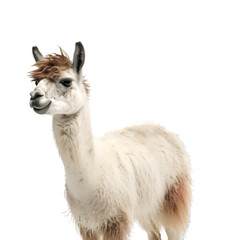 half side view, white color llama with standing posation, looking at the camera, isolated on transparent background. 