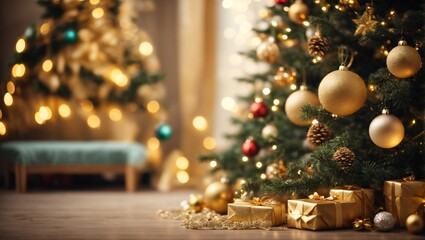 Fototapeta na wymiar Christmas tree with presents and fireplace, wide photo Christmas tree with presents and fireplace, wide photo