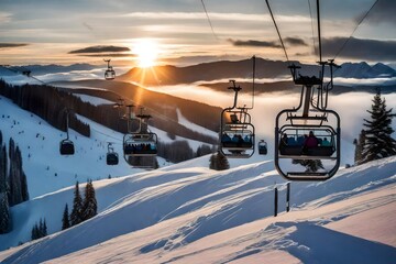 Chairlift going up to the top of a ski resort during a sunny and cloudy winter sunset - obrazy, fototapety, plakaty