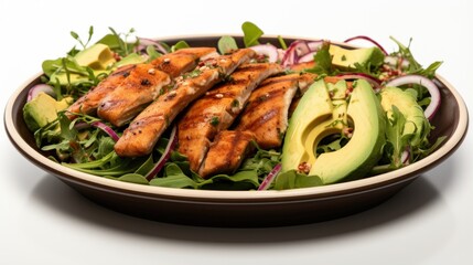 A plate of chicken and avocado salad with dressing