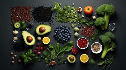 A variety of fruits and vegetables on a black surface