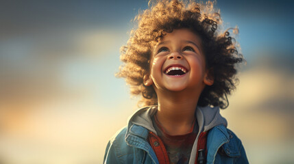 Carefree young boy laughing and smiling at sunset