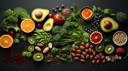 A variety of fruits and vegetables on a black background