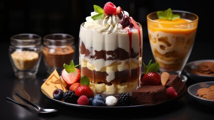 A dessert with fruit, chocolate, and whipped cream on a plate