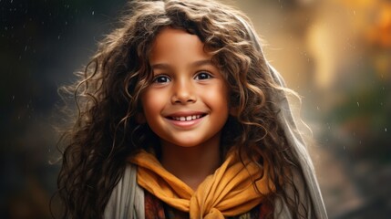 A little girl with long hair and a scarf around her neck