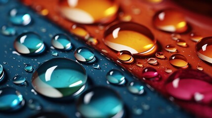 Glistening raindrops reflecting vibrant colors on clean surface