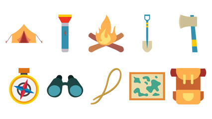 Camping equipment illustration. Bag, maps, flashlight, campfire, compass, and camping stuff. Vector illustration.