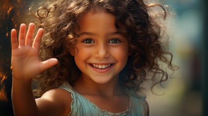 Happy smiling child with curly hair close-up portrait