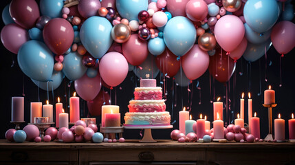 Colorful birthday celebration with balloons, cake, and candles