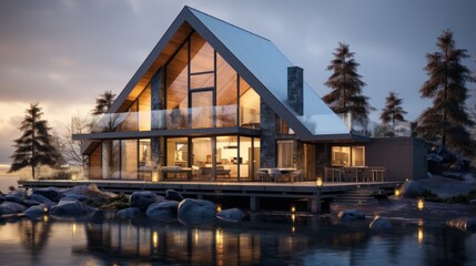 Obraz premium A house on a lake surrounded by trees