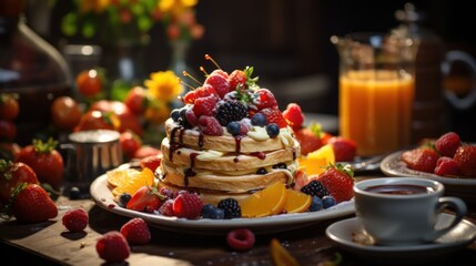 Fresh berry pancake brunch on table