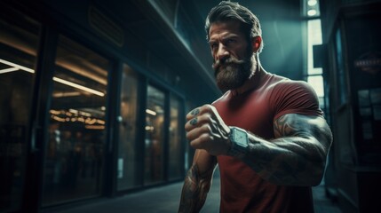 Muscular man exercising in urban night setting