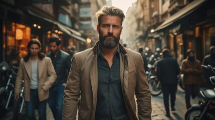 Adult man with beard in city street portrait