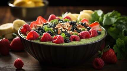 A bowl filled with smoothie, fruit and nuts on top of a table
