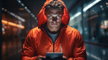 A man in an orange jacket holding a tablet