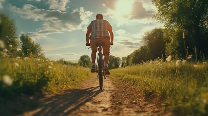 A man riding a bike down a dirt road - obrazy, fototapety, plakaty