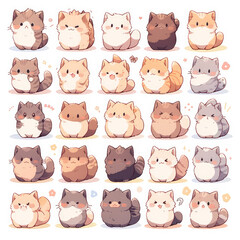 collection of cute cat character stickers, on white background, Chibi cute style